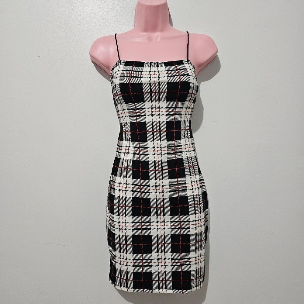 Bear Dance - Dress Plaid Bodycon Spaghetti Straps - Size L - Black White Red